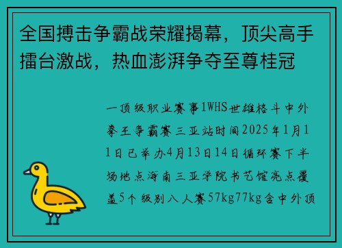 全国搏击争霸战荣耀揭幕，顶尖高手擂台激战，热血澎湃争夺至尊桂冠